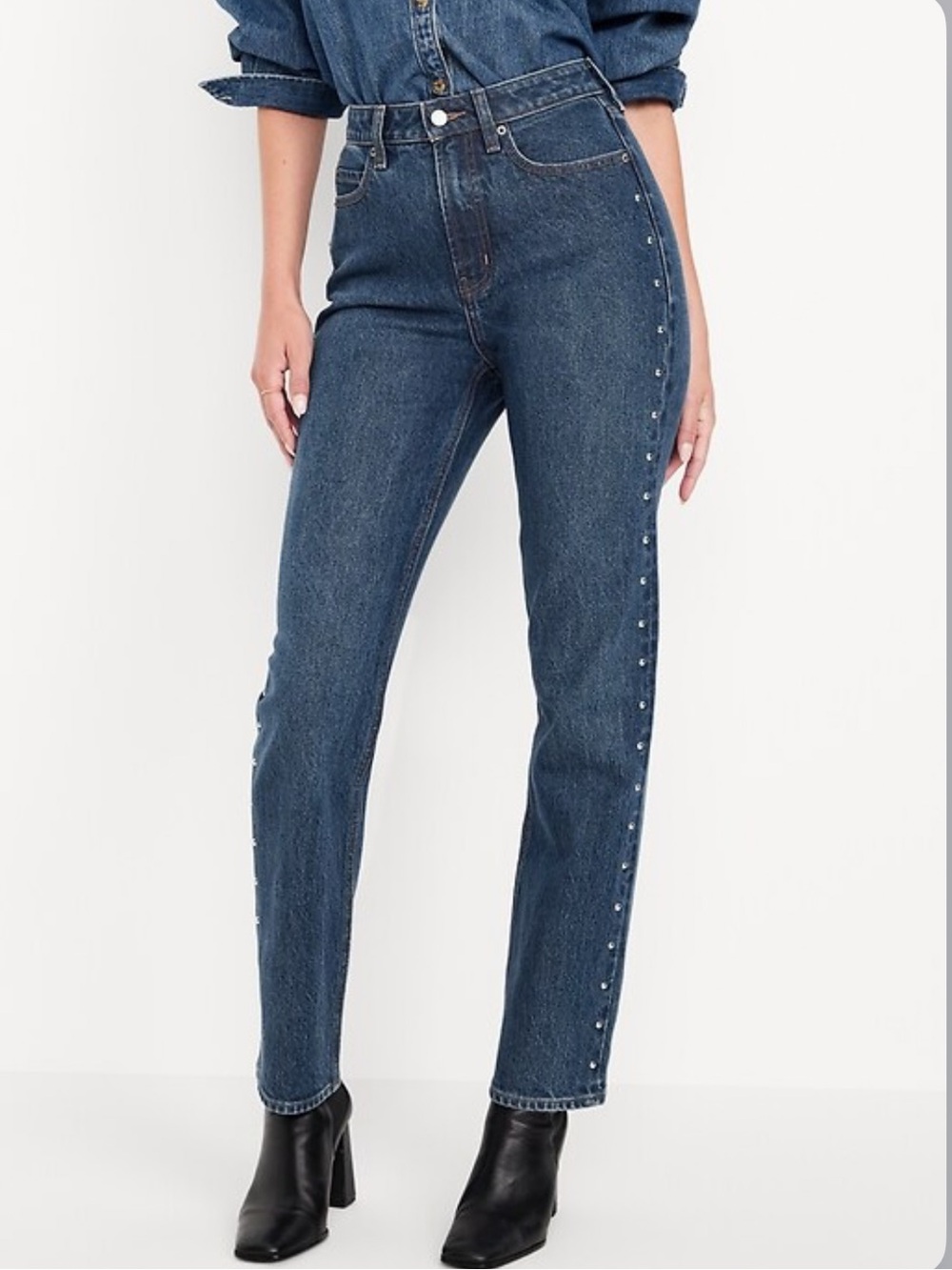 NWT Old Navy Dark Blue Extra High-Rise Straight Jeans Side Studded SZ 10